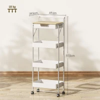 HOMCOM Carrinho Auxiliar com Rodas de 4 Níveis Carrinho de Cozinha com 1 Gaveta e 3 Cestos Carrinho Organizador 45x29,5x117,5 cm Branco(m-3)