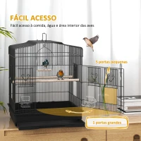 PawHut Gaiola para Pássaros 46,5x36x59 cm Gaiola de Metal para Pássaros com 2 Comedouros 2 Poleiros Baloiço Bandeja Amovível Preto(m-4)