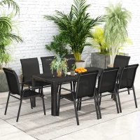Outsunny 8 Seater Garden Dining Set with Stacking Chairs, Rectangular Tempered Glass Top, Garden Furniture Set, Outdoor Dining Table and Chairs for Patio, Balcony, Poolside, Black(m-7)