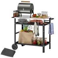 Outsunny Grillwagen 3-Etagen Serveerwagen met Werkblad, Handvatten, Hoes, Wielen, BBQ Grilltafel Roestvrij Staal 100x52x80cm Zwart(m-11)