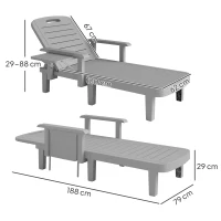 Outsunny Set of 2 Resin Reclining Sun Loungers for Garden, 5 Positions Adjustable Outdoor Chaise Lounge Chairs with Wood Texture Surface, Armrests, Foldable Side Table for Garden, Beach, Light Grey(m-3)