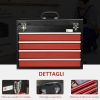 DURHAND Cassetta Porta Attrezzi in Acciaio con 4 Cassetti e Vassoio Superiore, 51x22x39.5 cm, Rosso e Nero(m-4)