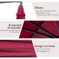 Outsunny Ombrellone da Giardino 3x2.5 m a Braccio Inclinabile con Manovella, Rosso Scuro(m-6)