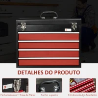 DURHAND Caixa de Ferramentas de Aço com 4 Gavetas Fechaduras Metálicas Mala de Ferramentas Portátil 51x22x39,5 Preto e Vermelho(m-4)