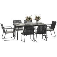 Outsunny 6 Seater Garden Dining Set with Soft Cushions, Rattan Backrest, Rectangular Plastic Top, Garden Furniture Set, Outdoor Dining Table and Chairs for Patio, Balcony, Poolside, Grey(m-1)
