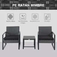 Outsunny Juego de 2 Sillas y Mesa de Ratán con Cojines Acolchados y Encimera de Vidrio para Balcón Terraza Gris y Negro(m-4)