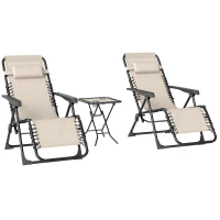 Outsunny Set de 2 Tumbonas Jardín Exterior Plegables de Gravedad Cero con Mesa Auxiliar con Portavasos Reposacabezas Beige(m-1)
