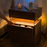 LED Nightstand with Acrylic Board and 3 Drawers, Modern Bedside Table with RGB LED Light, 50L x 37.5W x 60H cm, Walnut(m-8)