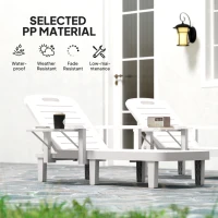 Outsunny Set of 2 Resin Reclining Sun Loungers for Garden, 5 Positions Adjustable Outdoor Chaise Lounge Chairs with Wood Texture Surface, Armrests, Foldable Side Table for Garden, Beach, White(m-6)