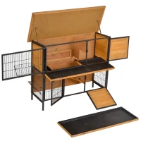 PawHut Gaiola para Coelhos de Madeira de 2 Níveis com Teto Asfáltico Rebatível e Rampa para Exterior 122x50x101 cm Madeira e Preto(m-9)