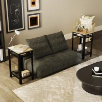 HOMCOM Tall Side Table Set of 2 with 3 Layer, 2 Shelves Storage Display Industrial-Style, Metal Frame, Bedside End Table for Living Room Bedroom, Oak and Black(m-10)