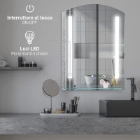 kleankin Specchio Bagno con Luce LED e Interruttore Touch, Mensola in Vetro e Struttura Alluminio, IP44, 50x70 cm Argento(m-4)