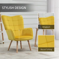 HOMCOM Modern Accent Chair, Upholstered Tufted Wingback Armchair with Seat Padding, Velvet Leisure Lounge Bedroom Chair with Wood Legs, Yellow(m-5)