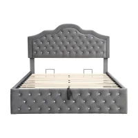 Upholstered Double Bed with Hydraulic Lift Storage, Diamond-Textured Velvet and Iron Frame, 198.5L x 146W x 116H cm, Gray(m-2)