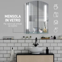kleankin Specchio Bagno con Luce LED e Interruttore Touch, Mensola in Vetro e Struttura Alluminio, IP44, 50x70 cm Argento(m-5)