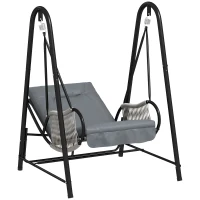 Outsunny Rattan Swing Chair, Outdoor Garden Hanging Swing Seat with Stand and Seat Cushion, Porch Hanging Chair for Balcony, Garden, Deck, Light Grey(m-1)