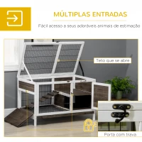 PawHut Coelheira de Madeira Elevada com Zona Aberta Teto Rebatível Portas com Fecho Bandeja Removível 90x53x87 cm Marrom e Branco(m-5)