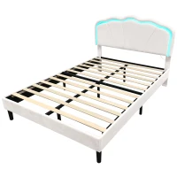 4ft6 Double Upholstered Bed with LED Adjustable Shell Headboard, Velvet Frame and Solid Wood Slat, 194L x 139W x 111H cm, Cream White(m-13)