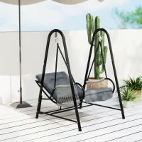 Outsunny Rattan Swing Chair, Outdoor Garden Hanging Swing Seat with Stand and Seat Cushion, Porch Hanging Chair for Balcony, Garden, Deck, Light Grey(m-7)