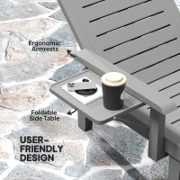 Outsunny Set of 2 Resin Reclining Sun Loungers for Garden, 5 Positions Adjustable Outdoor Chaise Lounge Chairs with Wood Texture Surface, Armrests, Foldable Side Table for Garden, Beach, Dark Grey(m-5)