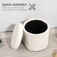 HOMCOM 40cm Round Storage Ottoman, Corduroy Footstool with Removable Lid and Legs, Vanity Stool for Living Room, Bedroom, Beige(m-7)