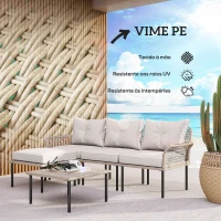 Outsunny Conjunto de Jardim em Vime Sintético Conjunto de Móveis de Exterior com Sofá de 4 Módulos 1 Mesa de Centro e Almofadas Creme(m-4)