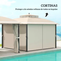 Outsunny Pérgola de Jardim 3,7x3 m com Telhado Duplo Cortinas Laterais e Mosquiteiras Resistente à Água e Anti-UV Bege(m-5)