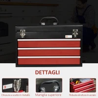 DURHAND Cassetta Porta Attrezzi in Acciaio con 3 Cassetti e Vassoio Superiore, 51x22x32 cm, Rosso e Nero(m-4)