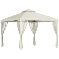 Outsunny Pavillon mit Doppeldach, ca. 3x3 m Wasserdicht Stabil Winterfest Gartenpavillon mit Moskitonetz, Seitenteile, Garten-Pavillon aus Metall, für Garten, Terrasse, Cremeweiß(m-1)