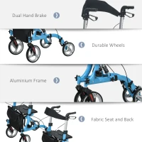 HOMCOM Professional Rollator with 8 Adjustable Height, Aluminium Walking Frame with Dual Brakes for Tall People, Blue(m-6)