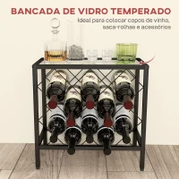 HOMCOM Suporte para Garrafas de Vinho para 10 Garrafas Suporte com Bancada de Vidro Temperado e Estrutura de Aço 41x22x41 cm Preto(m-5)