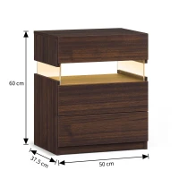 LED Nightstand with Acrylic Board and 3 Drawers, Modern Bedside Table with RGB LED Light, 50L x 37.5W x 60H cm, Walnut(m-3)