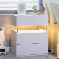LED Bedside Table with Remote-Controlled RGB Lighting, 3 Drawers, Modern Nightstand with Acrylic Board, 50L x 37.5W x 60H cm, White(m-7)