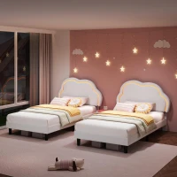 3ft Single Upholstered Bed with Adjustable Cloud Headboard, RGB LED, Velvet Frame with Solid Wood Slats, 194L x 106W x 118H cm, White(m-11)