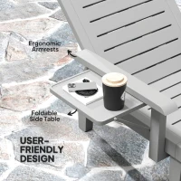 Outsunny Set of 2 Resin Reclining Sun Loungers for Garden, 5 Positions Adjustable Outdoor Chaise Lounge Chairs with Wood Texture Surface, Armrests, Foldable Side Table for Garden, Beach, Light Grey(m-5)