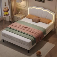 4ft6 Double Upholstered Bed with LED Adjustable Shell Headboard, Velvet Frame and Solid Wood Slat, 194L x 139W x 111H cm, Cream White(m-10)