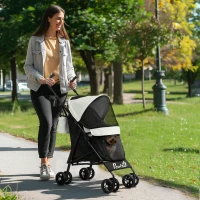 PawHut Cochecito para Perros Pequeños con Estructura de Paraguas con Cojín Lavable Portavaso Ventanas de Malla y Bolsa Crema(m-2)