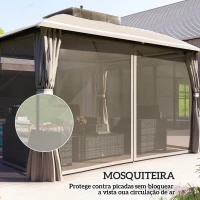 Outsunny Pérgola de Jardim 3,7x3 m com Telhado Duplo Cortinas Laterais e Mosquiteiras Resistente à Água e Anti-UV Bege(m-6)