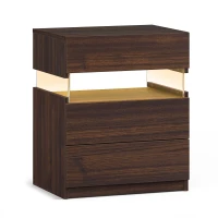 LED Nightstand with Acrylic Board and 3 Drawers, Modern Bedside Table with RGB LED Light, 50L x 37.5W x 60H cm, Walnut(m-2)