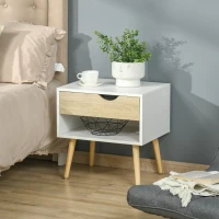 HOMCOM Table de chevet, table de nuit, avec tiroir, design moderne, pieds en bois massif, 50 x 39 x 51 cm, blanc et bois naturel(m-8)
