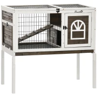 PawHut Coelheira de Madeira Elevada com Zona Aberta Teto Rebatível Portas com Fecho Bandeja Removível 90x53x87 cm Marrom e Branco(m-1)