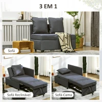 HOMCOM Sofá Cama 3 em 1 Sofá de 2 Lugares com Encosto Ajustável Sofá Cama Individual com Almofadas 65x98x69 cm Cinzento(m-6)