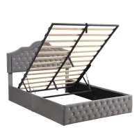 Upholstered Double Bed with Hydraulic Lift Storage, Diamond-Textured Velvet and Iron Frame, 198.5L x 146W x 116H cm, Gray(m-13)