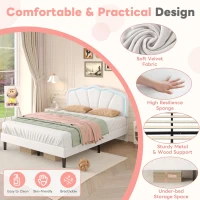 4ft6 Double Upholstered Bed with LED Adjustable Shell Headboard, Velvet Frame and Solid Wood Slat, 194L x 139W x 111H cm, Cream White(m-6)