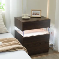 LED Nightstand with Acrylic Board and 3 Drawers, Modern Bedside Table with RGB LED Light, 50L x 37.5W x 60H cm, Walnut(m-7)