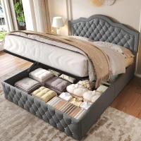 Upholstered Double Bed with Hydraulic Lift Storage, Diamond-Textured Velvet and Iron Frame, 198.5L x 146W x 116H cm, Gray(m-7)