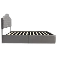 Upholstered Double Bed with Hydraulic Lift Storage, Diamond-Textured Velvet and Iron Frame, 198.5L x 146W x 116H cm, Gray(m-14)