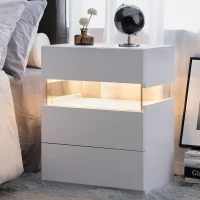 LED Bedside Table with Remote-Controlled RGB Lighting, 3 Drawers, Modern Nightstand with Acrylic Board, 50L x 37.5W x 60H cm, White(m-8)