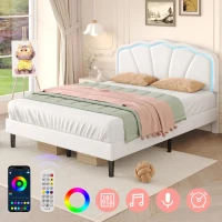 4ft6 Double Upholstered Bed with LED Adjustable Shell Headboard, Velvet Frame and Solid Wood Slat, 194L x 139W x 111H cm, Cream White(m-8)