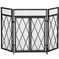 HOMCOM Grille de protection pour cheminée 120 x 79 cm - pare-feu pour cheminée ou poêle - pare-étincelles - barrière de sécurité - 3 volets pliables et porte - métal noir(m-10)